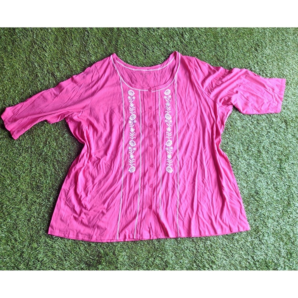Pink Button Down Embroidered Shirt Top 3/4 Sleeve Woman Within 3X 30/32 NWOT